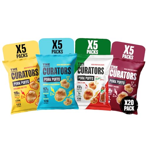 THE CURATORS High Protein Pork Puffs Variety Pack, 5 x Original Salted, 5 x Smoky Bacon, 5 x Tajin, 5 x Salt & Vinegar 25g (20 Packs) Crisp Low Carb Keto Gluten Free Savoury Snack