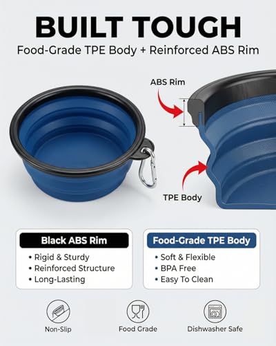 Image of Rest-Eazzzy 2-Pack Collapsible Dog Bowls for Travel - Upgraded TPE Portable Dog Water Bowl with Reinforced Rim - Dishwasher Safe Foldable Feeding Dish for Walking, Hiking, Camping