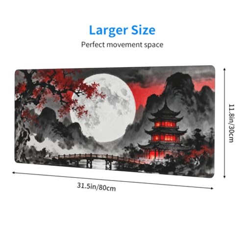 Image of Black Red Japanese Mouse Pad 31.5x11.8 XL Mountain Moon Watercolor Design Extended Large Mousepad Keyboard Mouse Mat Desk Pad with Non-Slip Rubber Base Stitched Edges for Home Office Game