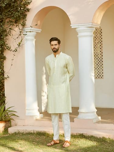 Image of See Designs Men Full Sleeve Chanderi Silk Sequins Mandarin Collar Side Slit Kurta With Pyjama