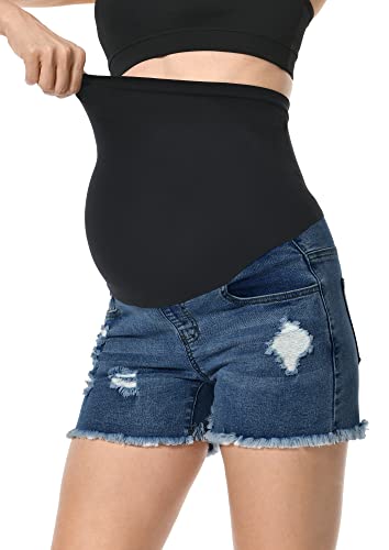 V Vocni Maternity Denim Shorts High Waist Cotton Elastic Belly Band Fringe Hem Maternity Jean Shorts Dark Blue Medium #TOP1
