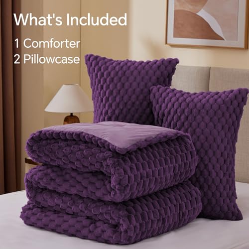 Image of BEDELITE Fluffy King Size Comforter Set - Purple Fleece Soft Comforter for King Size Bed, Luxury Warm Bedding Set for Winter, Fuzzy Bed Set 3 Pieces (1 Comforter, 2 Pillowcases)