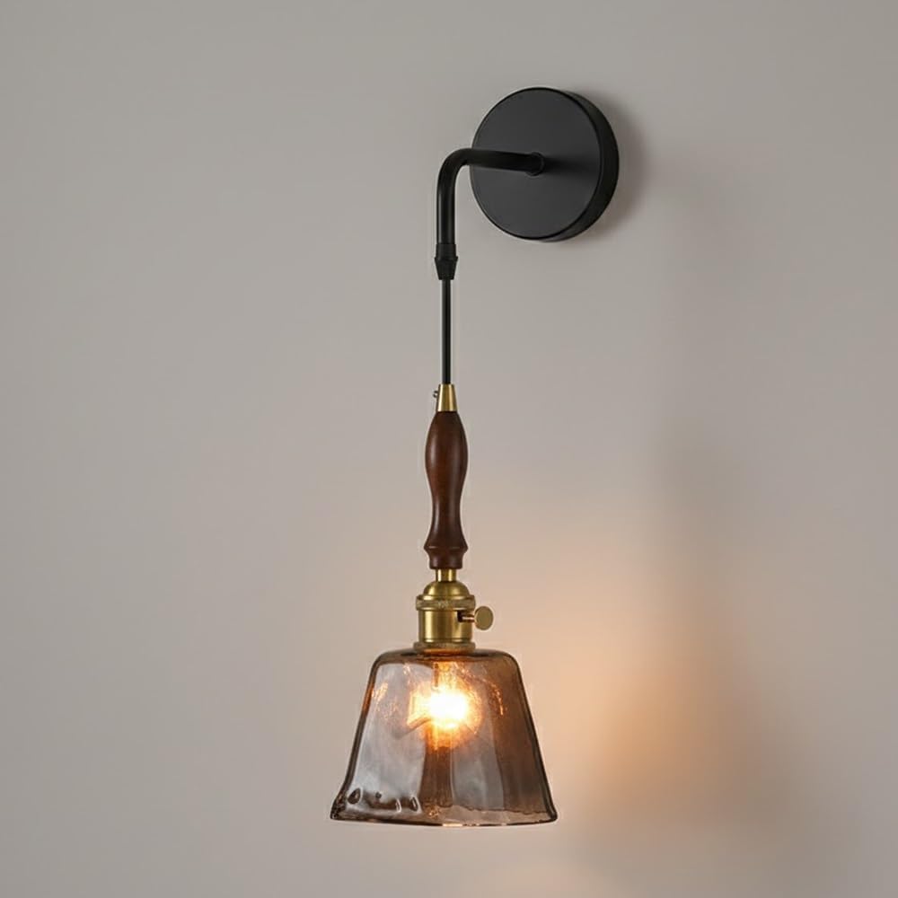 HUAYUSEDF American Industrial Vintage Wall Sconce, Nordic Black Metal Adjustable Pendant Light with Smoked Textured Glass, Hardwired E26 Lighting Fixture for Kitchen, Bar, Loft, Living Room Decor