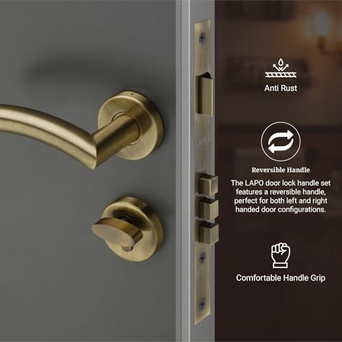 Image of LAPO Mortise Door Lock for Home Main Door & Bedroom with Handle - 50x85mm Body - 3 Brass Keys - Heavy-Duty 70mm Cylinder - Left-Right Fit 30-50mm Door Home Office Hotel | Antique Finish | CMH-5T