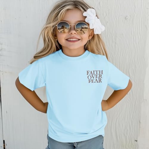 Image of Girls Faith Over Fear Christian Shirts for Kids Jesus God Bible Verse Religious Tshirt Cute Preppy Graphic Tees Tops
