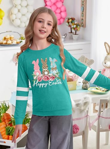 Image of Ithalt Kids Easter Shirts for Girls Cute Bunny Graphic Tshirt Easter Long Sleeve Tops 5-14y