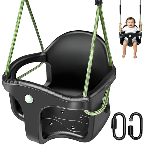 BabySchaukel Schaukel Outdoor Hohe Rückenlehne Kunststoffvollschale Schaukel Sitz mit 1.3-2m verstellbarem Seil und 2 Karabinern Mitwachsende KinderSchaukel Gartenschaukel SetZubehör Schwarz/90kg