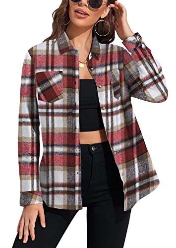 KevaMolly Karierte Flanellhemden für Damen, lockere Passform, Boyfriend-Shirt, Knopfleiste, langärmelig, lässig, Flanellbluse, Tops, Z1 Rot, M