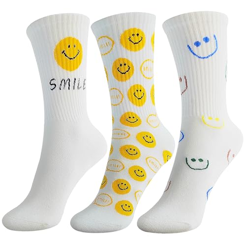 Women's Mid-Calf Socks 3-Pack | Smiley Combed Cotton | No-Slip Cuff | Spring Summer White Socks