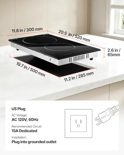 Image of VEVOR Electric Cooktop 12inch 2 Burners Portable Stove Top 1800W 120V, Ceramic Countertop /Built-in Radiant Electric Stove, with 9 Power Levels, Timer, Child Lock, Over-Heat Guard, Touch Control