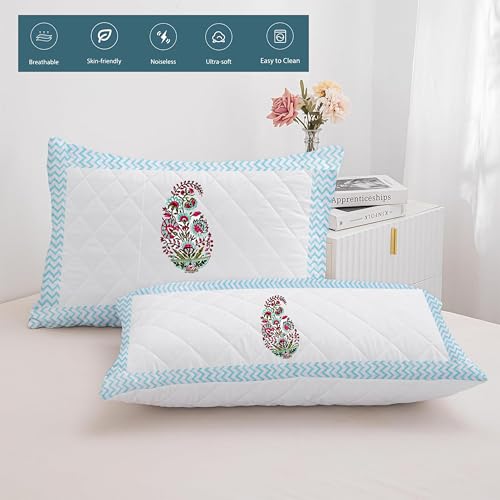 Image of LINENWALAS Block Printed Cotton Quilted Pillow Cover - Set of 4 | Ultra-Soft, Cooling & Breathable | Skin & Hair Friendly|Zipper Closure |Sweat-Absorbent & Hypoallergenic (18x28 Inches, Paisley Bloom)