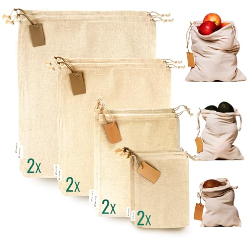 Leafico Wiederverwendbare Baumwoll-Stoffbeutel 8 Stück (S, M, L, XL) – Gemüsebeutel, Brotbeutel, Geschenkbeutel, Vorratsbeutel – Bio Musselinbeutel mit Kordelzug für Lebensmittel, Aufbewahrung, DIY