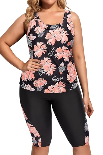 Image of Holipick Women Plus Size Swimsuits - Athletic 3 Piece Tankini with Shorts | Sports bikini top, high waist shorts, tank top, removable pads. Athletic style for water activties
