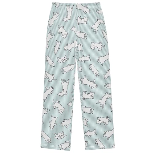 Boy's Pj Pants Dog Lying Green White Striped Lounge Bottoms Elastic Waist Kids Joggers with Pockets Size 6-14