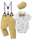 SOLOYEE Baby Boy Clothes Suits 3-6 Months Infant Wedding Formal Gentleman Outfits, Short Sleeve Shirt+Bowtie+Beret+Suspender Pants Clothing Set Yellow