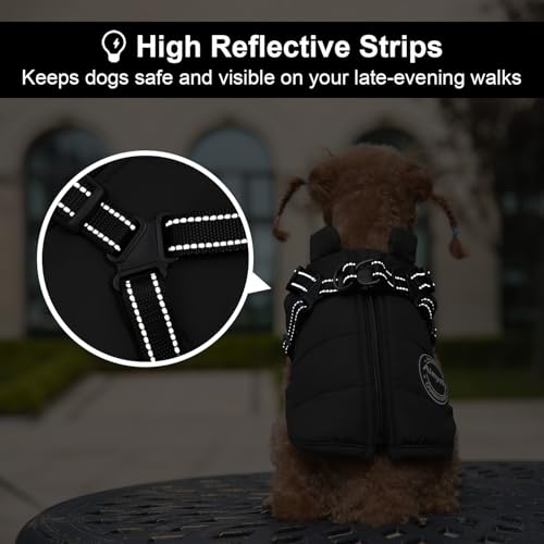 Aimydog Hundemantel Winter, Wärme Hundejacke Mit Brustgurt Gurt Winddichte mit bauchschutz, Haustier Outdoor Reflektierend Hundeweste mit Fleece Gefütterte für Kleine (Schwarz, M)