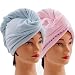 Microfiber Hair Towel Wraps for Women [2 Pack] Quick Dry Anti-frizz Head Turban with Button for Long Thick & Curly Hair, Super Absorbent Soft - (Blue & Pink)