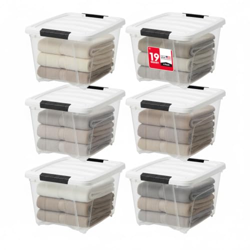 Image of IRIS USA 19 Qt Stackable Storage Bins with Lids, 6 Pack, Clear Plastic | Clear BPA-free bins with secure latches organize crafts, toys, shoes, office supplies, pantry items, and closets.