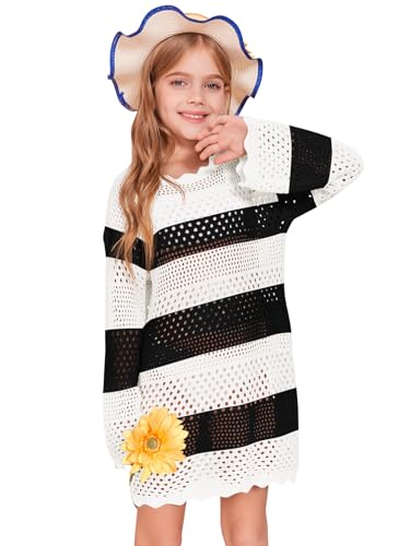 Image of Batermoon Girls Crochet Long Sleeve Swimsuit Cover Up Kids Fashion Hollow Out Swimwear Beach Dress 5-14 Years