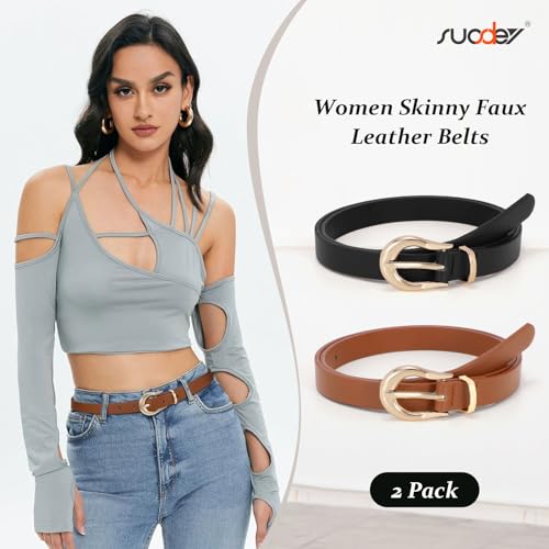Image of SUOSDEY 2 Pack Women Skinny Belt Thin Waist Belt with Fashion Gold Buckle for Pants Jeans Dresses, 01-black+brown, fits waist from 30 inch-33 inch