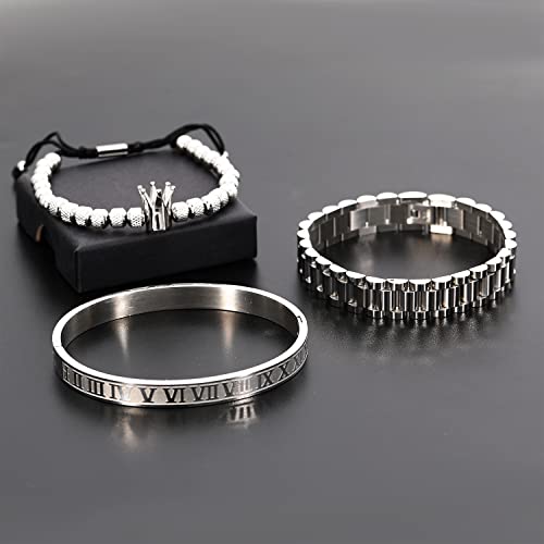 Funeia Stainless Steel Bracelets For Men, Gold Bracelets For Men, Imperial Crown Mens Bracelet Set Roman Numeral Bangle Bracelets (A:silver) #TOP4