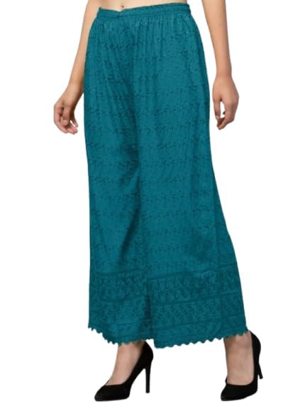 Image of Women's Palazzo Pants Rayon Trousers Chikankari Embroidered Lace Trim Wide Leg Straight Fit Flared Palazzo for Girls & Women