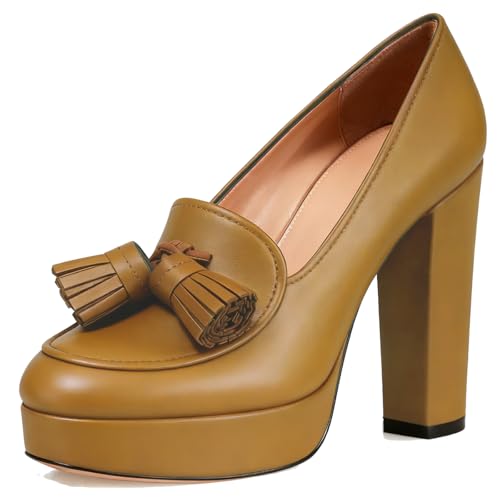 Image of SHODENSE Women Vintage Chunky Platform Loafers Pumps Tassel Round Closed Toe Slip On Suede Block High Heel Dress Loafer Shoes Buckle Strap Oxford Loafers Fringe Pump Dressy Chic Sexy Y2k 4-11 M US