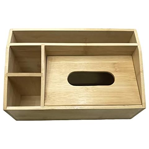 Natural Bamboo Wooden Multi-Function Tissue Box Holder - 4 Compartment Desk Organiser - Remote Control Holder Tissue Dispenser - Stationary Organiser and Condiment Caddy Organiser Cover