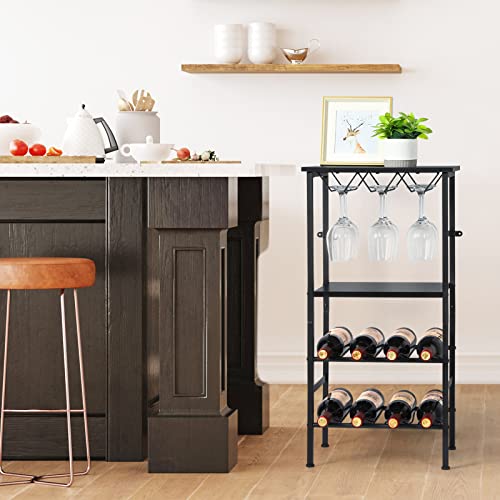 Wine Rack Table, Freestanding Wine Bar Rack, Wine Bar Cabinet With Glassbottle Holder, Metal And Wood Industrial Wine Cabinet For Home, Floor Liquor Wine Cabinet Storage, For Bar Kitchen Dining, Black #TOP2
