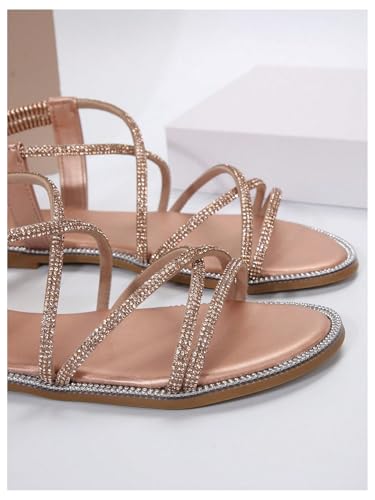OYOANGLE Women's Strappy Sandals Rhinestone Sparkly Criss Cross Comfortable Elastic Ankle Strap Sandal3