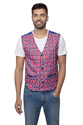 Smiffys Union Jack Waistcoat – Large Adult British Flag Print Waist Coat for VE Day, 80th Anniversary Victory in Europe, UK Patriotic Party, Spring Wedding, Red White Blue GB English Celebration