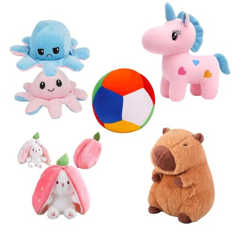 Image of EITHEO Soft Ball Unicorn Pink Capybara Bunny Octopus Pack 5 Soft Plush Stuffed Animals for Kids Boys Girls | Gift Set