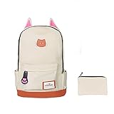 Moolecole Leather & Canvas Backpack School Bag Laptop Backpack with Cat's Ears Design,set with 1pc Wallet (Beige)