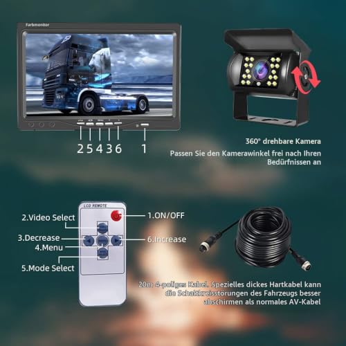 Hodozzy Rückfahrkamera-Set mit 7-Zoll-HD-Monitor, IP68 wasserdichte 18 IR...