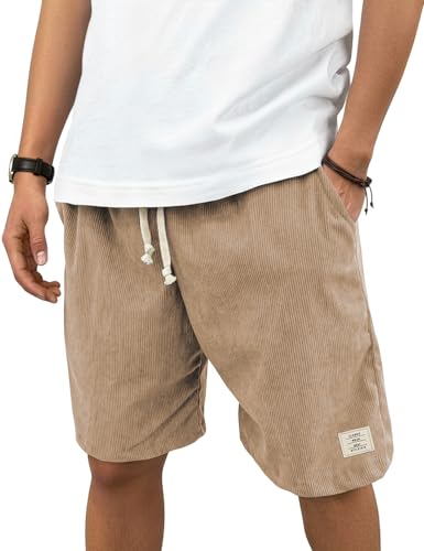 Hardaddy Mens Organic Stretch Corduroy Shorts Elastic Waist Drawstring Casual Summer Beach Lounge Short(Light Khaki M)