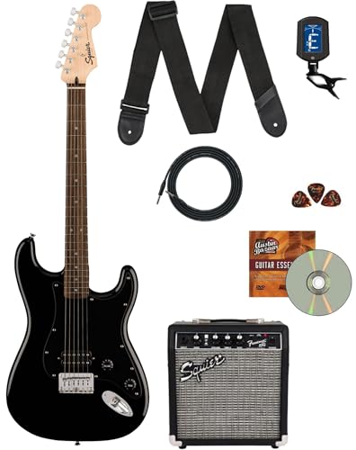 Fender Squier Sonic Stratocaster HT H - フロントマン10G Amp、チューナー、ストラップ、ケーブル、ピック、Austin Bazaar Guitar DVD付きブラックバンドル