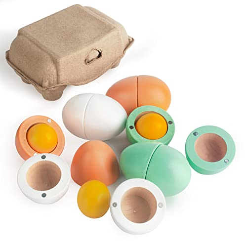 WHOHOLL Wooden Easter Play Eggs Toy, Play Food Sets for Kids Kitchen, Durable Wood Eggs with Magnetic Separable Yolk, Pretend Play Kitchen Toy Food for Toddlers Boys Girls Gifts