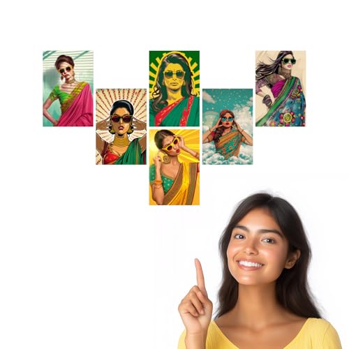 Image of SiddArtify Modern Pop Art Women in Sarees Print Set - Set of 2-4x6 Inch - Board (Pack of 6) - Sticker (Pack of 6) Wall Room Decoration art Poster Prints
