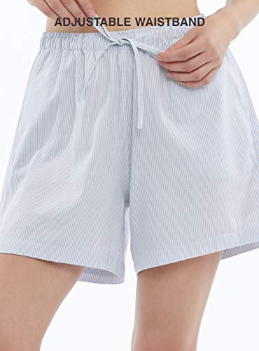 Femofit Pajama Cotton Shorts For Women's 2 Pack Woven Plaid Sleep Shortslounge Boxer Pj Shorts (M, Light Blue Stripe+Silver Pink Stripe) #TOP3