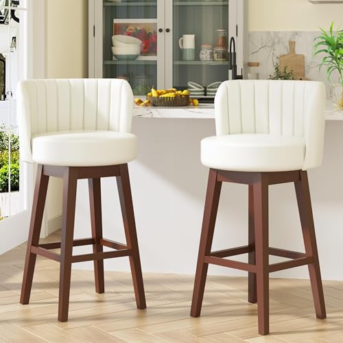 Image of COCO DESIGN Swivel Bar Stools Set of 2, 24 inch Counter Height Mid Century Modern Barstools with Back, Leather Upholstered Seat and Solid Wood Legs, for Bar Kitchen Island, Pearl White