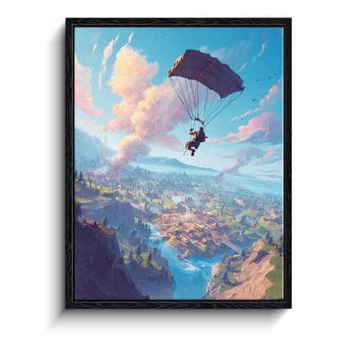 WOXZQ Epic Fortnite Parachuting Battle Royale Scene Dynamic Adventure Game Art Wall Decor Print for Gaming Room Canvas Illustration 12x15 Inch
