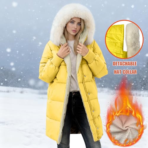 Gubsssl Daunenmantel Damen Warme Winterjacke Lang Steppmantel Pufferjacke Elegant Sportjacke Abnehmbarer Pelzkragen Daunenjacke Winter Jacke Frauen Wintermantel Dick Mantel Outdoorjacke Gelb XL