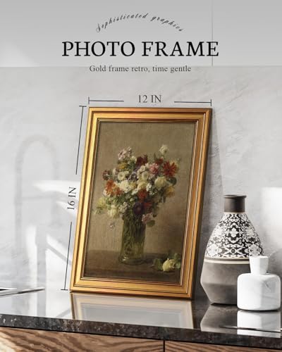 Image of VIYYIEA Vintage Gold Framed Wall Art for Living Room, Flowers Canvas Prints Home Decor, Oil Painting Picture, Bedroom Wall Decor Gifts for Friends or Family -【A bottle of flowers】-(16L x 12W)
