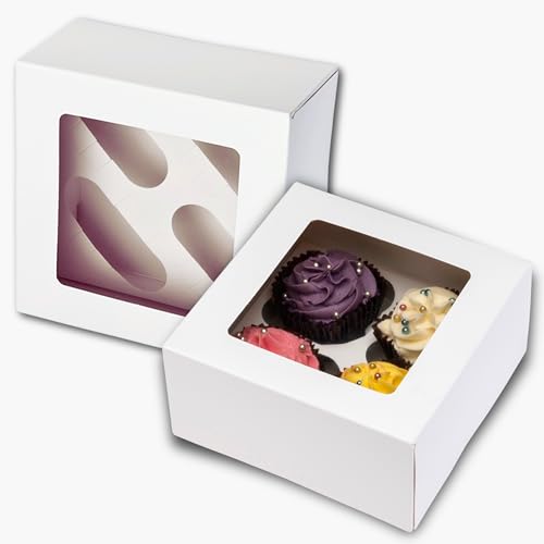 PACK N TRADE 10 Pcs cupcake boxes 4 hole - Multifunction Inserts Deep muffin boxes White cake box (17 x 17 x 7.5 cm) with Clear Window - Ideal for Muffins Cupcakes & Pastries