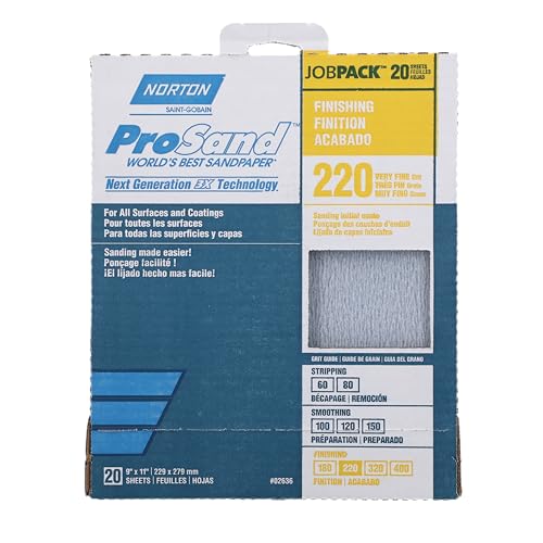 Norton ProSand 07660768167 Sanding Sheet, 11 in L, 9 in W, Very Fine, 220 Grit, Aluminum Oxide Abrasive, Paper Backing
