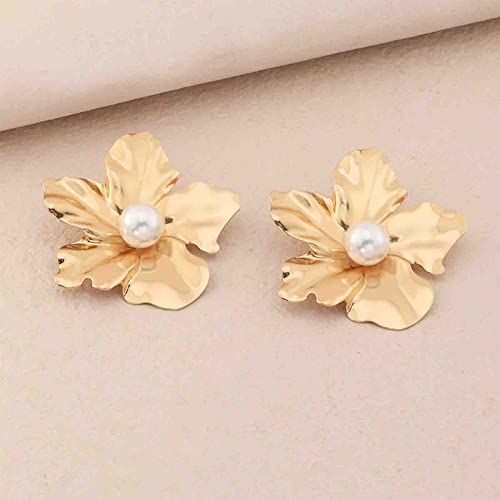 Erimberate Punk Large Pearl Flower Earrings Vintage Flower Studs Earrings Metal Flower Earrings Gold Big Flower Earrings Exaggerated Statement Earrings Jewelry For Women And Girls #TOP1