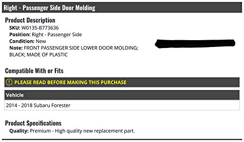 Right Passenger Side Lower Door Molding - Black - Compatible With 2014-2018 Subaru Forester #TOP1