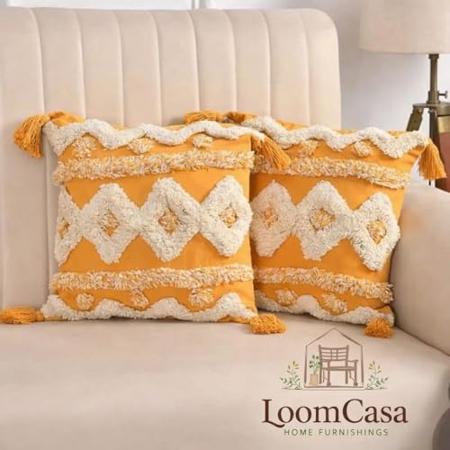 Image of Cushion Cover Pack of 4 (16x16 Inches) | Cotton Textured Decorative Throw Pillow Case for Sofa Bed Living Room Tufted Cushion Cover with Tassels (Yellow)