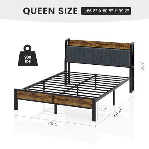 Image of Liians Queen Size Bed Frame with Wood Headboard, Metal Platform Bed with USB Charging Station and Smart LED Lights, No Box Spring Needed, Easy Assembly