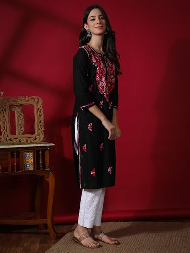 Image of Seva Chikan Hand Embroidered Lucknowi Chikankari Regular Straight Cotton Kurta Kurti for Women SCL4243